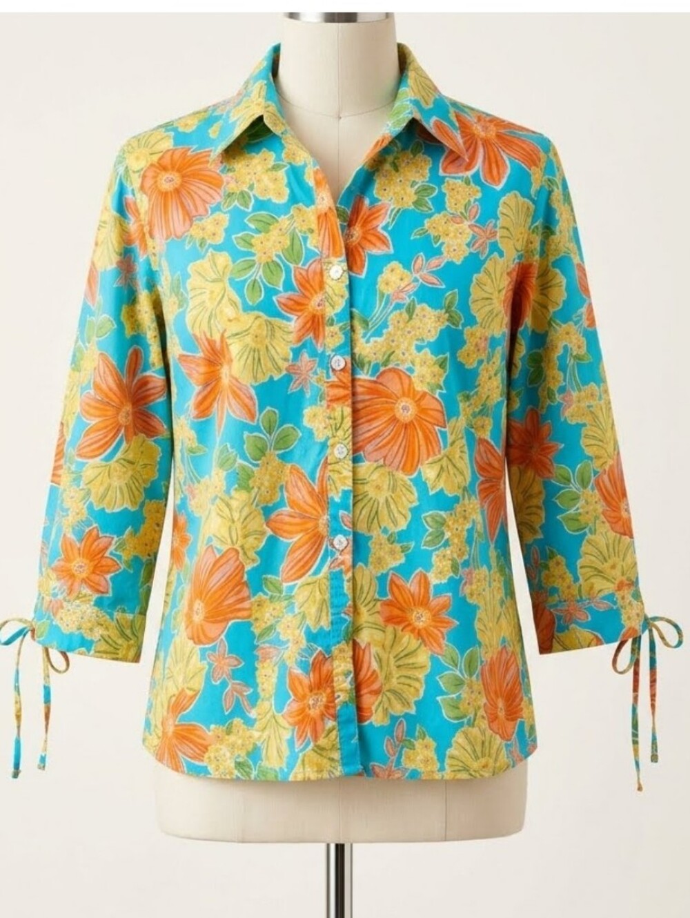 Pappagallo Turquoise Button-Front Floral Shirt with Orange & Yellow Blooms XL
